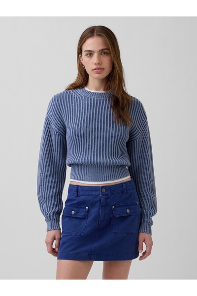 GAP Kadın Mavi 100% Pamuk Barrel Kol Crop Kazak