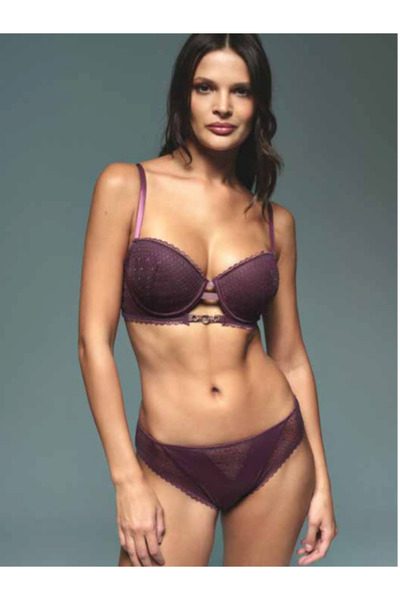 Anıl Women's Plum Lace Piece Supported Bra Panty Set - Stylish Accessory Deta...