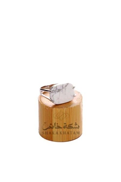 Shaka Khatam Square White Marbled Silver Ring