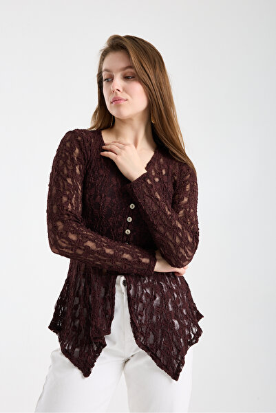 sumoda Women's Buttoned Asymmetrical Stretch Fabric Lace Blouse