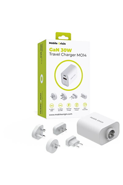 Mobile Origin GaN 1xUSB-A + 1x USB-C PD QC UK/AUS/SUA/EU 30W Alb