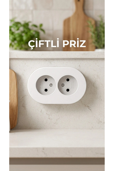 Eco Lounge İkili Beyaz Topraklı Sıva Üstü Priz - Modern Elektrik Çiftli Priz
