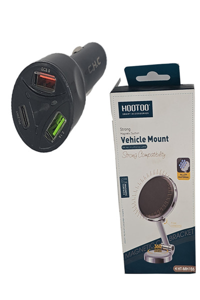 CHC حامل جوال مغناطيس HT-MH155 مع شاحن ولاعة CHC-C04 (1- يو اس بي + 2 تايب سي)