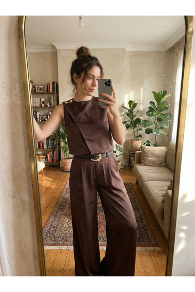 Premium Kahverengi Saten Alt Üst Takım