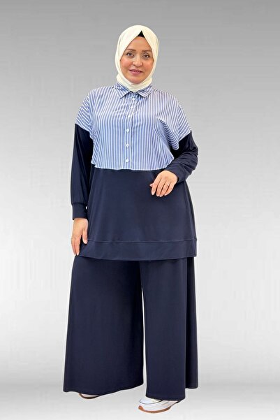 Eslina 57016 Büyük Beden Erkek Yaka Kombinli Pantolonlu Takım - Lacivert -Lac...