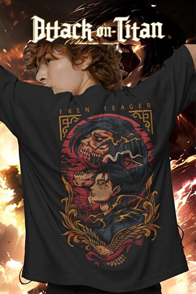 Ninkasiwear Attack on Titan Anime Eren Yeager Baskılı Oversize Unisex Siyah T...