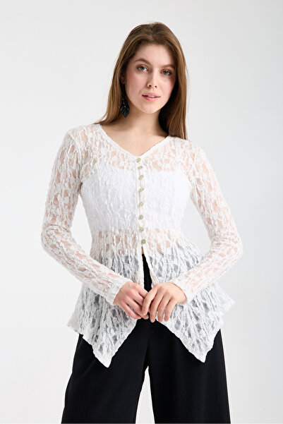 sumoda Women's Buttoned Asymmetrical Stretch Fabric Lace Blouse