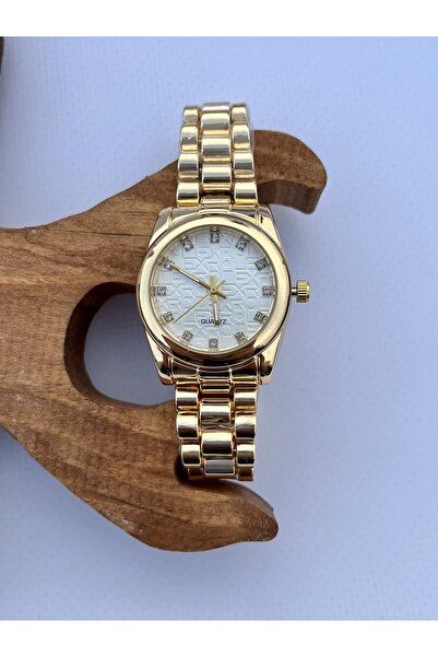 QUARTZ Lady-Datejust Taşlı Beyaz Kadran Altın Kordon Kol Saati 3 ATM Suya Day...