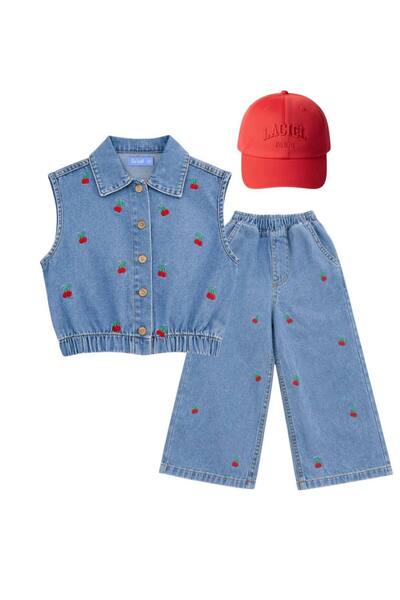 Bambu Girl's Cotton Piece Blue Cherry Embroidered Set Denim
