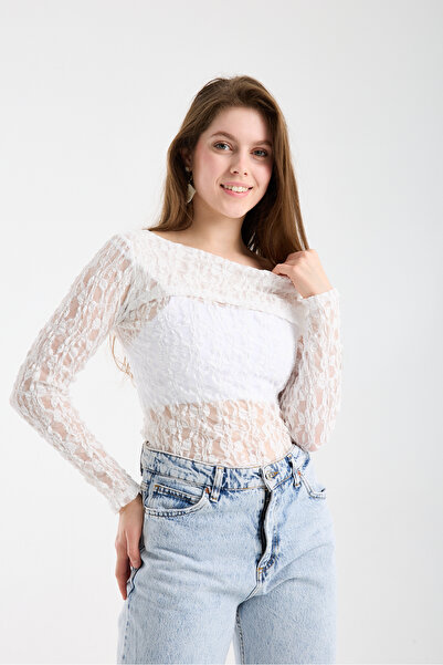 sumoda Women's Shoulder Detail Stretch Fabric Lace Blouse