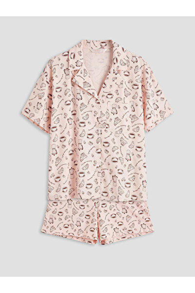 LC Waikiki LCW DREAM Ροζ Πιτζάμες με Σχέδιο στο Γιακά και Γυναικείο Σορτς