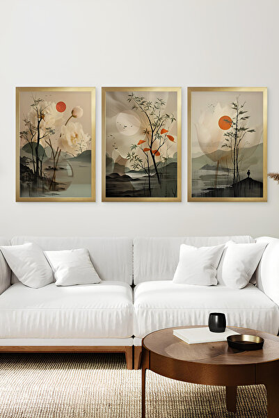 kutuTR Gold Renk Ahşap Çerçeveli Gün Batımı ve Minimal Ağaç Silüetli 2DUV Bas...