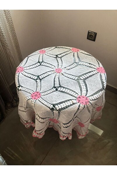 MOR TIRTIL Hand Work Lace Pink White Round Tablecloth Fiskos Coffee Table Cov...