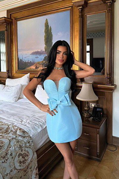 OEM Rochie de seară mini albastră, fără bretele , cu detaliu cu fundă- Rochie...