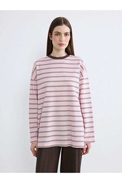 LC Waikiki Pink Crew Neck Striped Oversized Women's Tunic