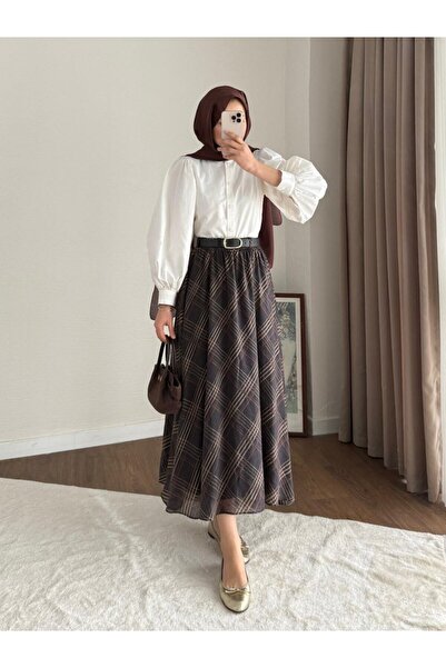 Miraydın Butik Patterned and Belt Piece Chiffon Skirt - Dark Brown
