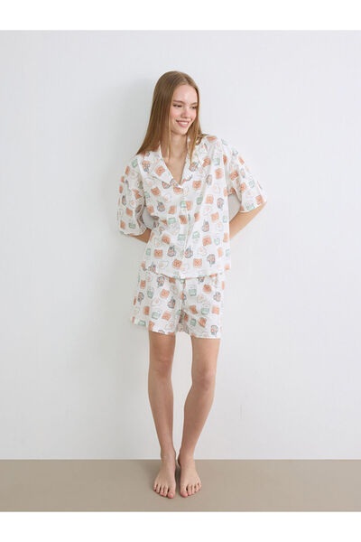 LC Waikiki Ecru Shirt Collar Patterned Women's Shorts Pajama Set