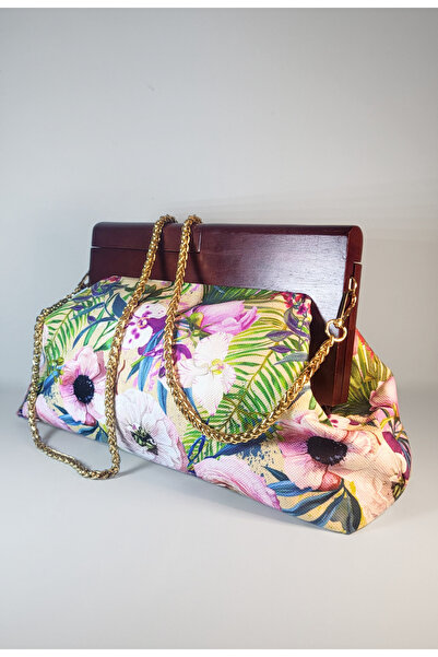 Sade Fashion Kadın Çiçek Desenli Ahşap Çerçeveli Clutch Çanta Gold Zincir Askılı