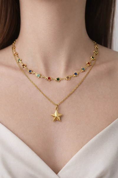 Aurevyn Design Altın Kaplama Renkli İkili Yıldız Kolye
