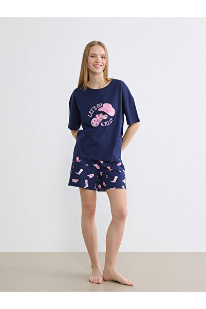 LC Waikiki Navy blue crew neck Printed women's shorts pajama set