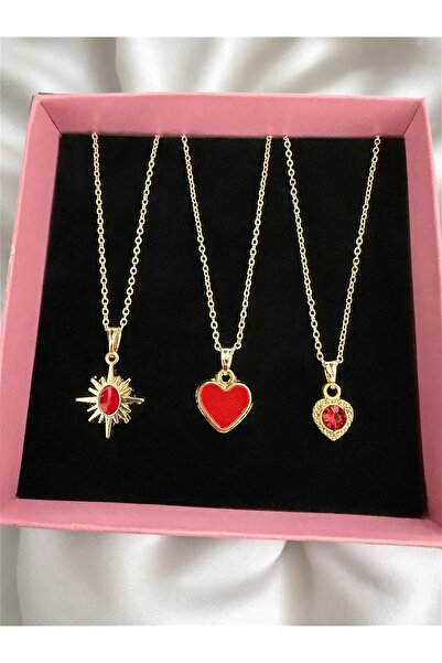 Gold Color 3 Red Heart North Star Combination Set Necklace