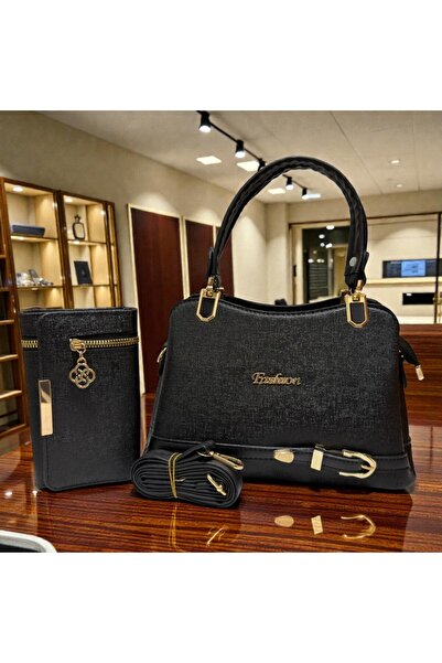 ZİVORA حقيبة يد نسائية سوداء و حقيبة كتف شيك محفظة مجموعة من قطعتين ذهبية تفا...