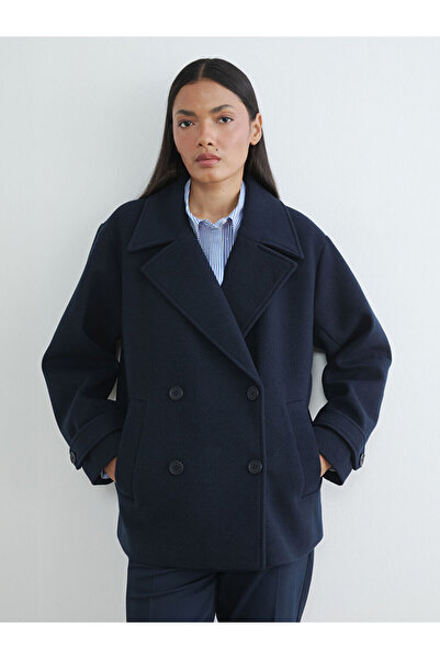 LC Waikiki Navy Blue Double-Breasted Collared Women's Cashmere Coat