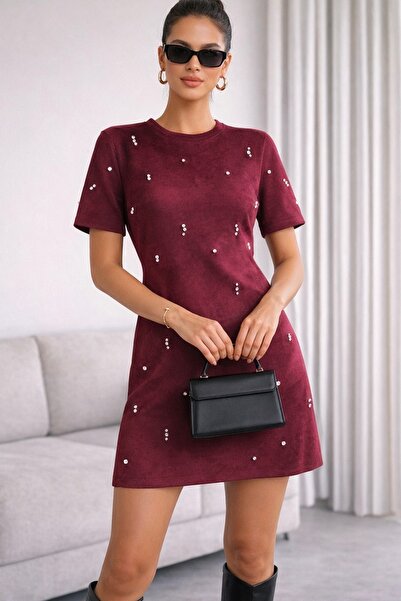 ETİKAFASHION Bordo Taş Detaylı Mini Elbise ✨