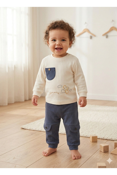 EYMİRGİYİM Airplane Embroidered Pocketed Report Fabric Set of 2 Baby Boy Chil...