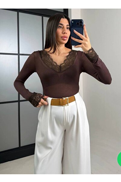 VAN SCHENDEL Women's V-Neck Lace Detailed Sheer Long Sleeve Slim Fit Blouse