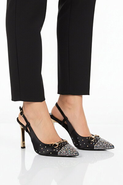 Aspor Black Satin Stone Embellished Women's Evening Dress Shoes