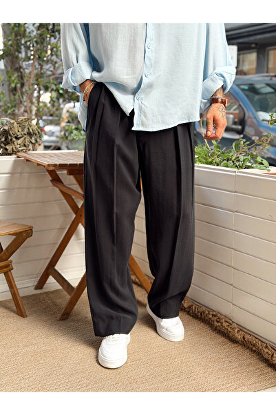 manch collection Modal Fabric Double Pleated Baggy Trousers Black