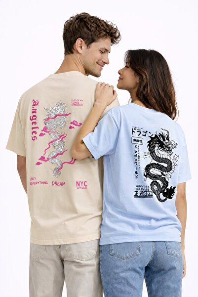NEVERMIND Draga kombinacija Dragon Štampano majica za par Oversize kroj unise...
