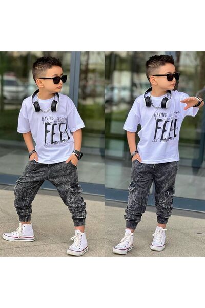 sinmm طقم ملابس للأولاد تفاصيل الحافة مكون من قطعتين (أبيض)