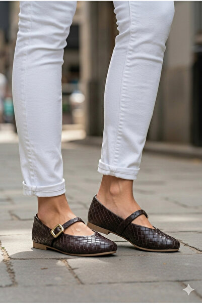 ALMİNA Knitting Series Square Buckled Mary Janes Ballet Flats