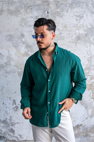 OUTFİT MAN Cămașă oversize cu nasturi din in, verde smarald