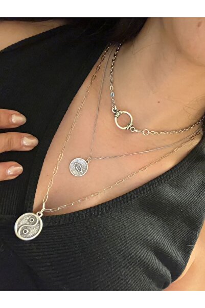 Vintage Takıhane Yin Yang ve Göz Figürlü Gümüş Kaplama 3’lü Layering Kolye seti