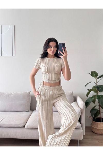 Zoom Butik Yan Büzgü Pantolon Takım - BEJ