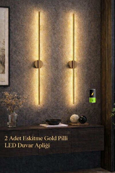 2' Lİ Modern Pilli Aplik Tak Çalıştır Kablosuz Ledli Aplik Eskitme Gold Pil Dahildir ( 2 ADET)