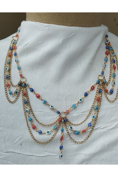 Fata Morgana Accessory Çelik Zincirli Renkli Nazar Boncuklu Kolye, Bohem Kolye