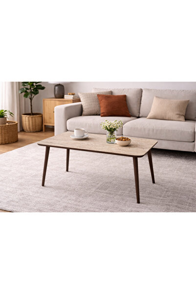 eos mobilya EOS Traverten Desenli Orta Sehpa 96x54x46 cm – Ceviz Ayaklı Moder...