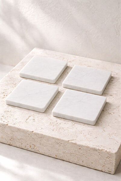 Marbello Mermer Bardak Altlığı 4'lü Set 10x10 cm Beyaz Mermer Kahve Çay Su Ba...