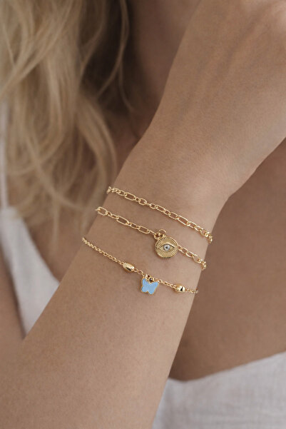 Takıtolia طقم أساور ذهبية من زيلا مكون من 3 قطع مع سلسلة ذهبية وتماثيل فراشة ...