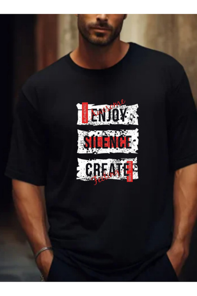 TİMİSİVA Unisex Oversized Sanatsal Printed Crew Neck Short Sleeve Black T-Shirt