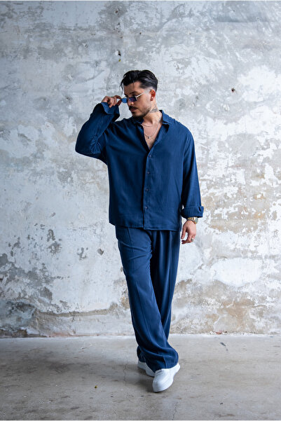 OUTFİT MAN Σετ Υπερμεγέθης Πλενόμενης Ένδυσης από Μοντάλ σε Σκούρο Μπλε