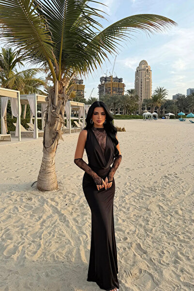 OEM Elegant Black Evening Gown with Lace Detail – Women’s Maxi Party Dress