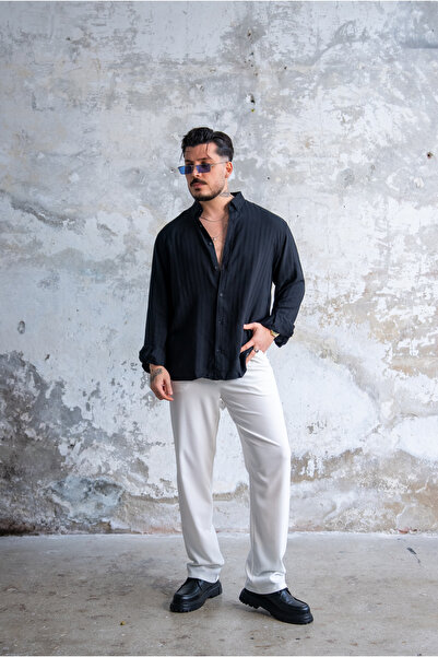 OUTFİT MAN Şeritli İnce Oversize Gömlek Siyah