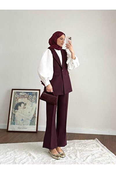 Miraydın Butik Double Fabric Single Button Vest and Trousers Set - Plum