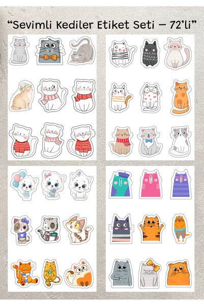 BULUT DİJİTAL Sevimli Kediler Etiket Seti 72’li - kedi stickerı