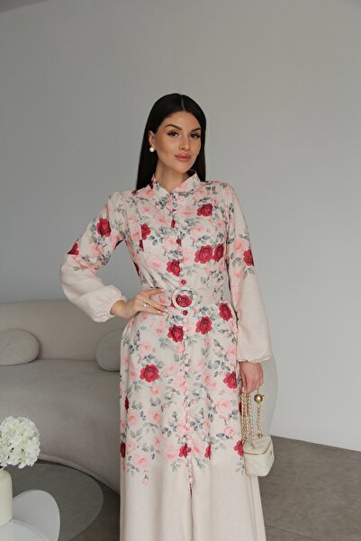 Julidress ياقة مرتفعة متوسطة الطول فستان K كتان بتصميم فاخر مكون من حزام قطع ...